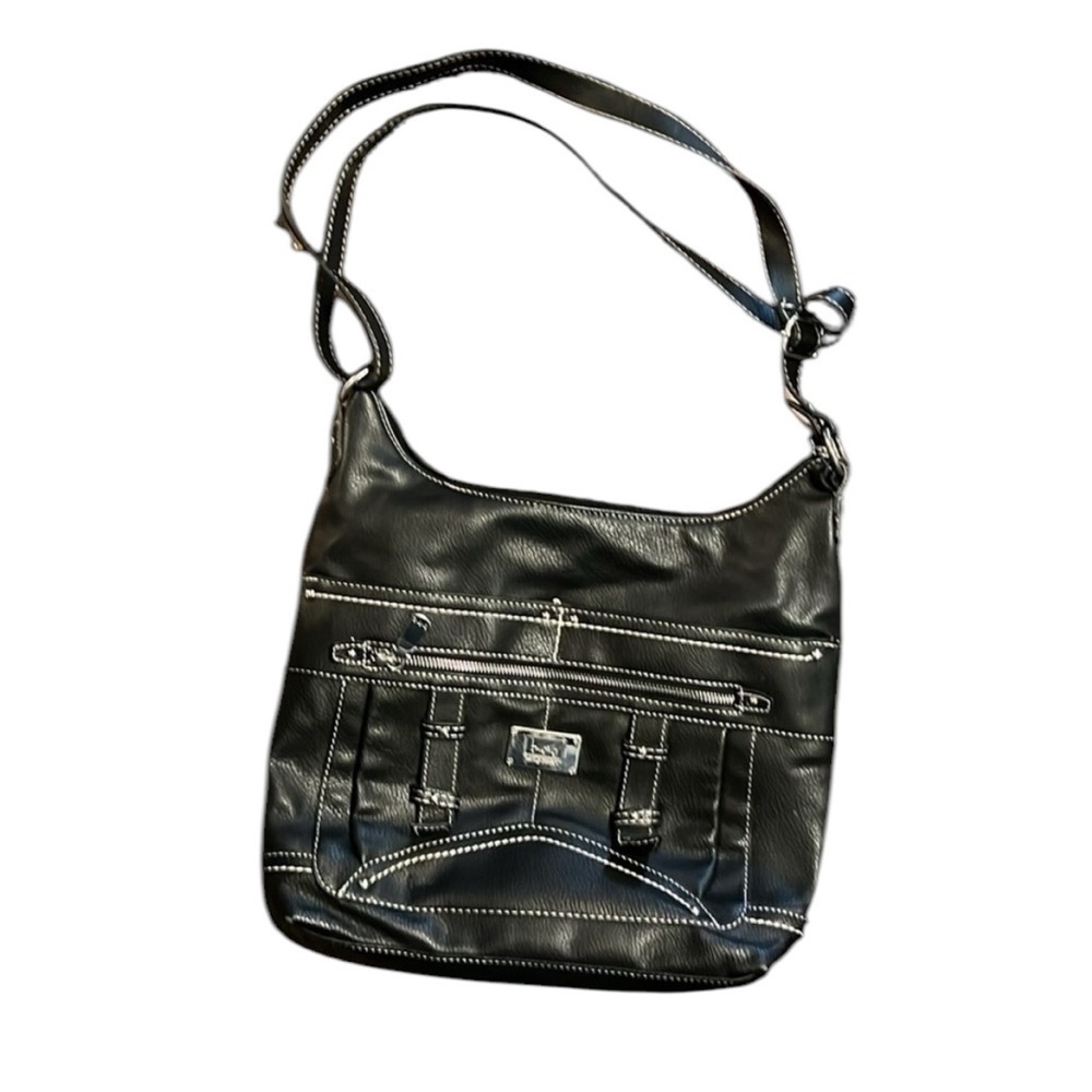 Black b.o.c. faux leather crossbody shoulder bag with interior power bank pocket